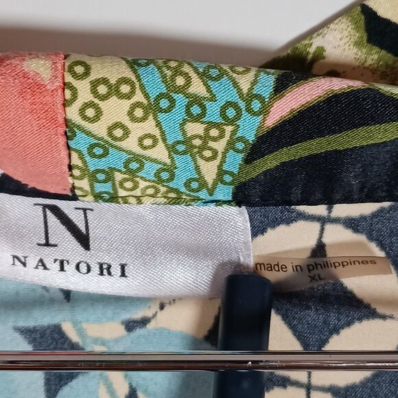 Natori Kimono Robe & Gown Asian Floral XL Belted Satin Pockets Black Geometric - Picture 2 of 11